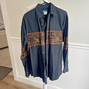 Wrangler Western Shirt Men Large Snap Black Bull Toro Front Back Ranch Rodeo VTG